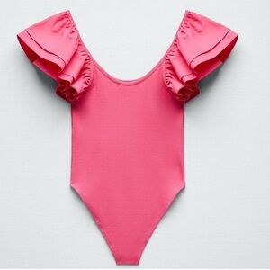 Zara Women’s Hot Pink Ribbed knit Poplin Ruffle Bodysuit Size Small